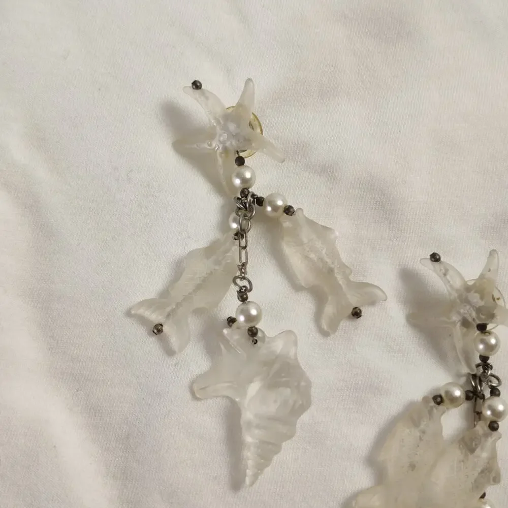 Vintage Mermaidcore Nautical Dangle Earrings Frosted Acrylic Shells Fish